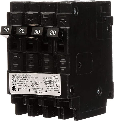 Electrical and Ventilation Breakers and Fuses 605953 Siemens Quadplex Breaker 30Amp Double Pole With 2) Single Pole 20Amp